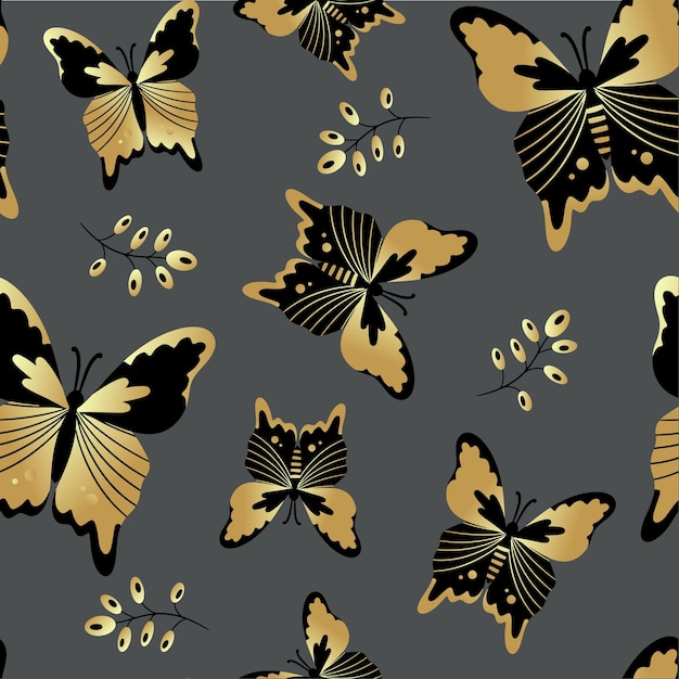 Seamless pattern of gold and black butterflies template for the design of trendy fabrics home textiles clothing paper wallpaper unusual packaging curtains vector illustration