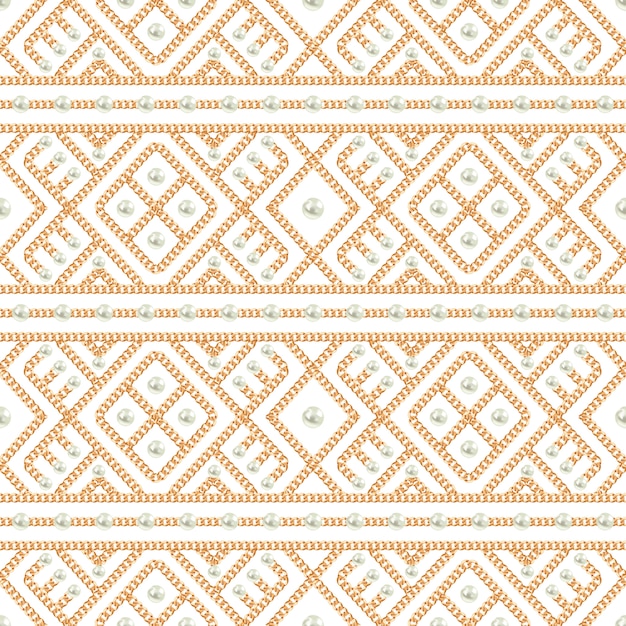 Seamless pattern of Gold chain ornament and pearls on white background