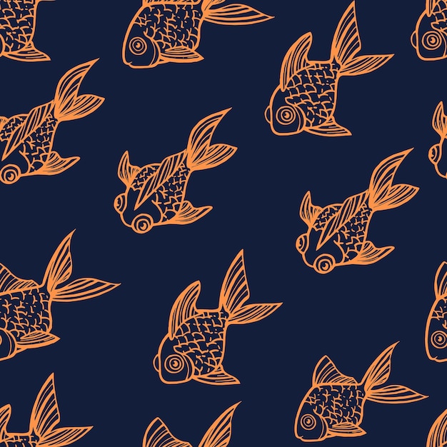 파란색 배경에 다른 각도 평면 벡터 일러스트 레이 션에 원활한 패턴 황금 물고기 오렌지 개요 아이콘 황금 물고기