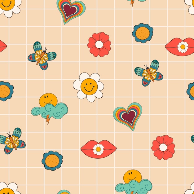 Vector seamless pattern good vibe 70s groovy trippy with hippie style elementspsychedelic daisy pattern