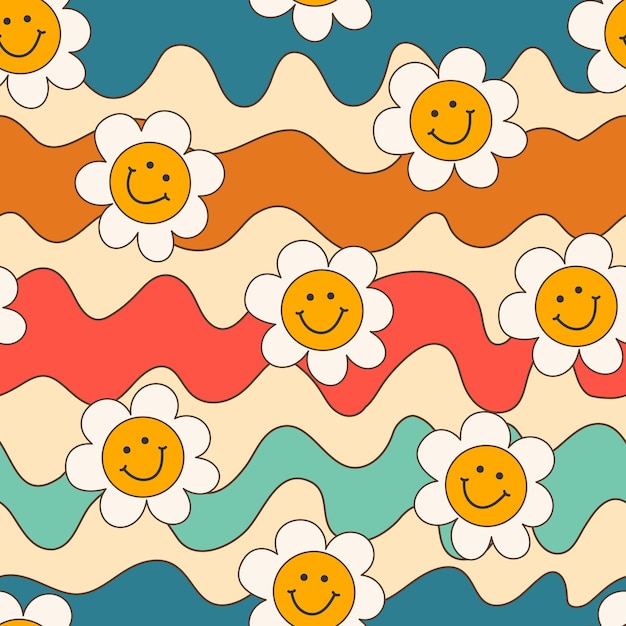 Seamless pattern good vibe 70s psychedelic groovy daisy and waves groovy pattern in hippie stylexa