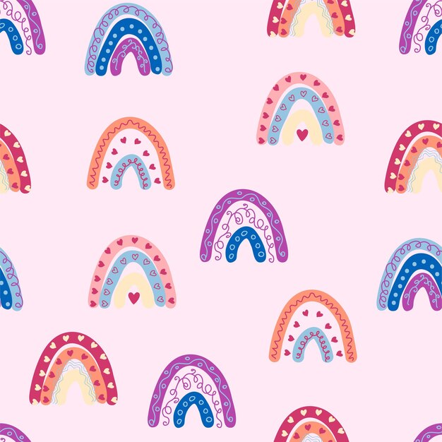 Seamless pattern graceful rainbows in boho colors Scandinavian baby hand style for newborns