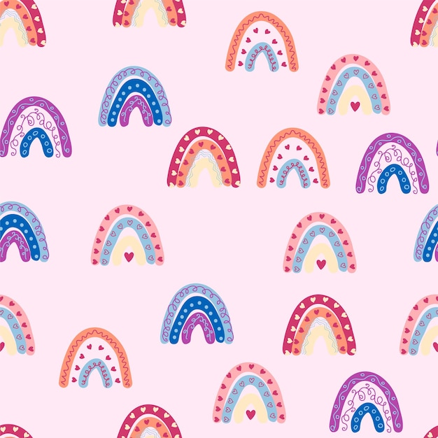 Seamless pattern graceful rainbows in boho colors Scandinavian baby hand style for newborns