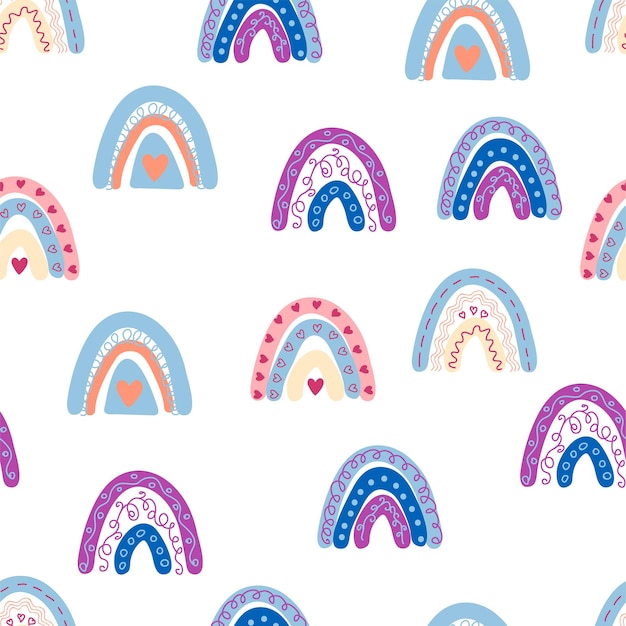 Seamless pattern graceful rainbows in boho colors Scandinavian baby hand style for newborns