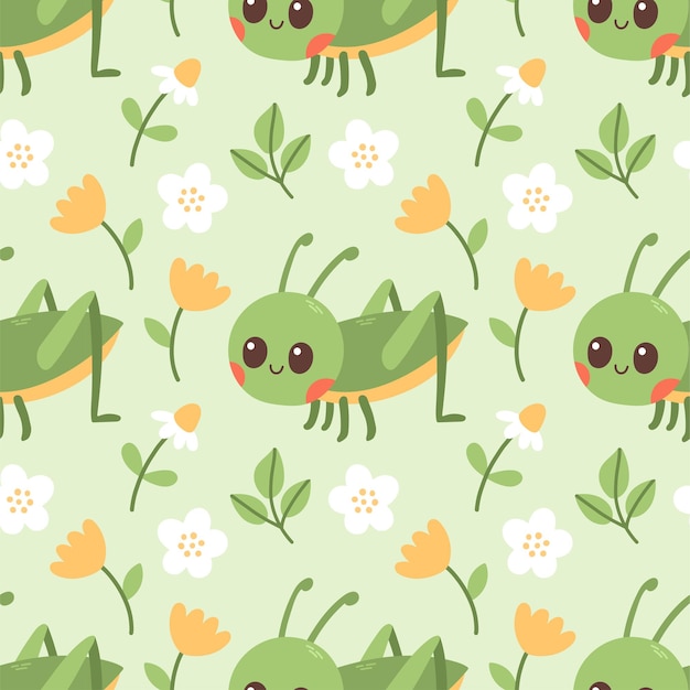 Seamless pattern of grasshopper flowers and green leaf on green background vector illustration