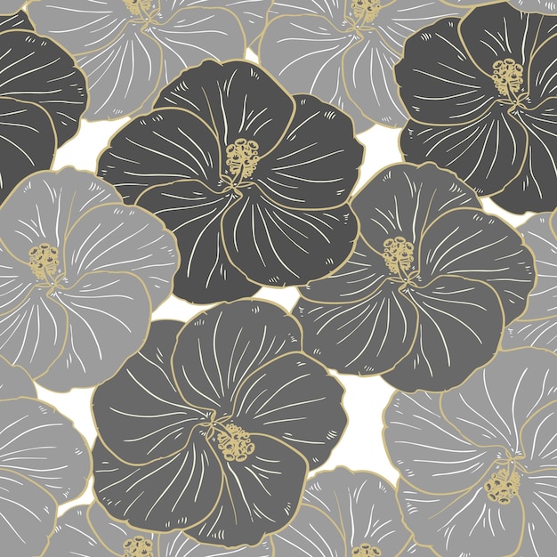 Seamless pattern, gray-gold hibiscus flowers close-up. Vintage background, print, textile, vector