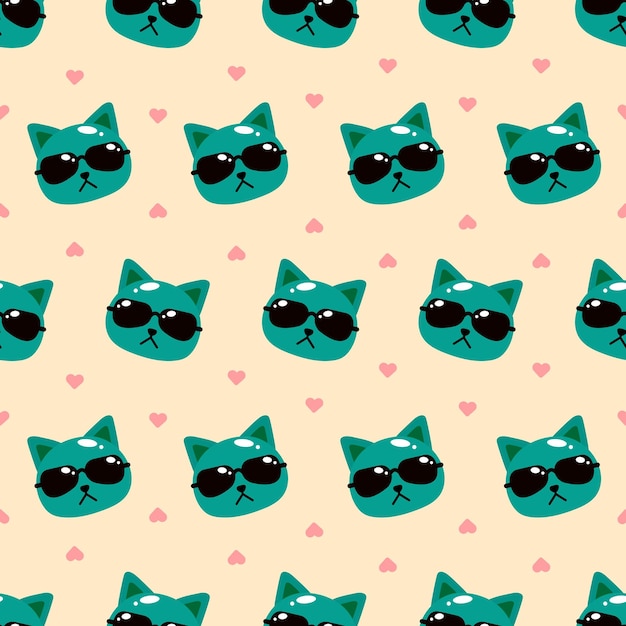 Vector seamless pattern of green cat face wearing black colored glasses and heart