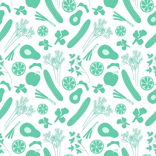 Seamless pattern green Fresh doodle leek green onion peas parsley dill cucumber avocado broccoli