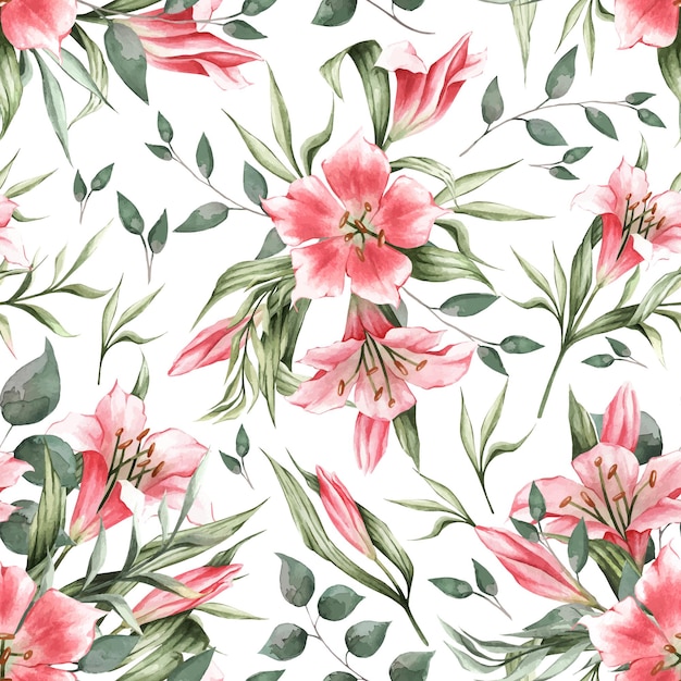 seamless pattern of green leaves and pink lilies. suitable for wallpapers, fabrics, clothing