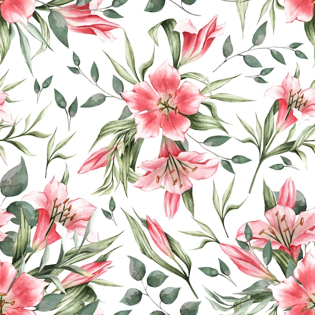 Seamless pattern of green leaves and pink lilies. Suitable for wallpapers, fabrics, clothing