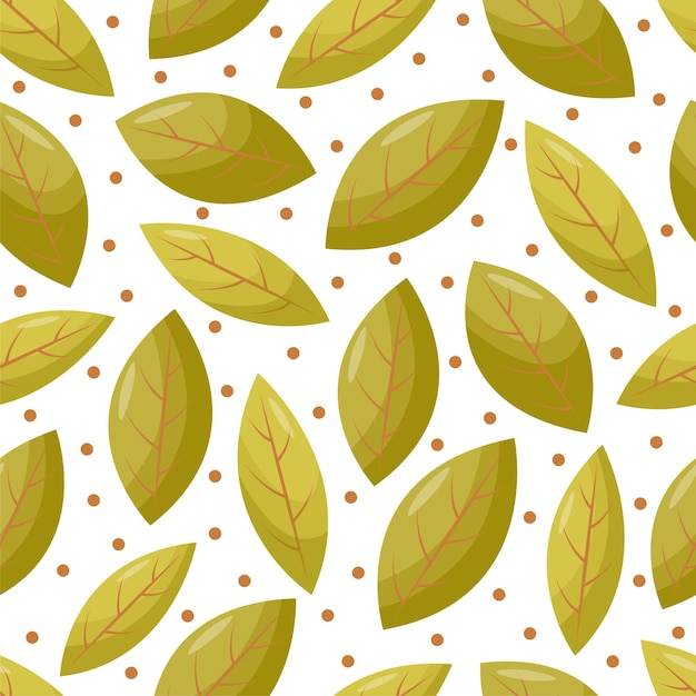 Seamless pattern of green leaves on a white background with dots