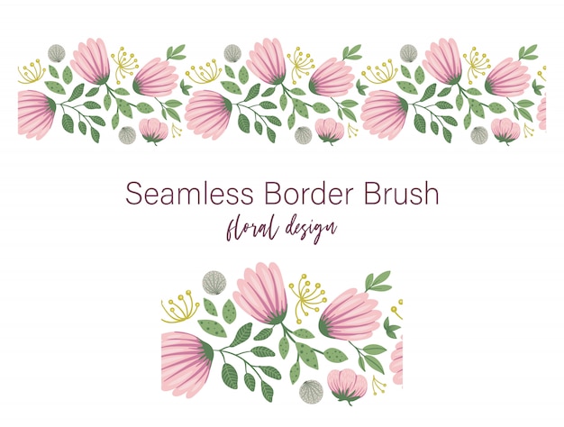 Seamless pattern of green leaves with pink flowers and dandelions. floral border ornament. trendy flat illustration