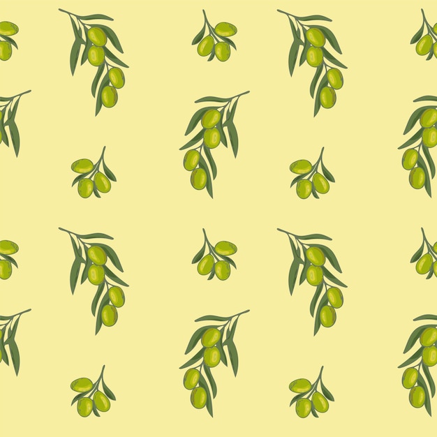 Seamless pattern green olives on yellow background