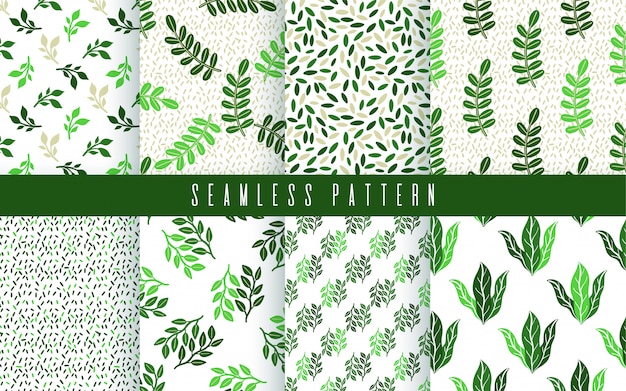 Seamless pattern green plant set. Nature floral simple ornament.