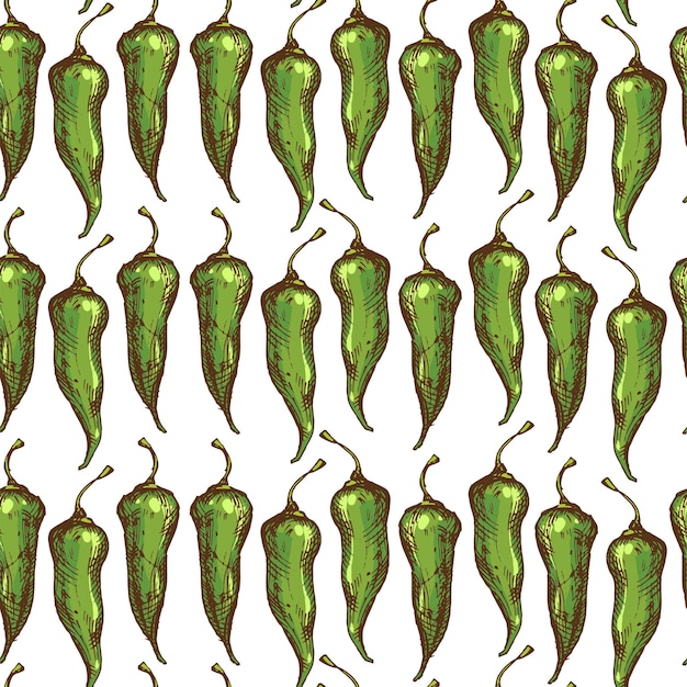 Seamless pattern green spicy hot chili jalapeno peppers paprika Kitchen wallpaper Rustic background