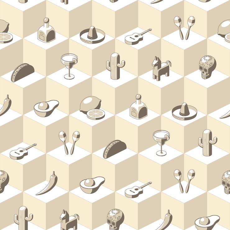 Vector seamless pattern of grey mexico related icons on isometric background