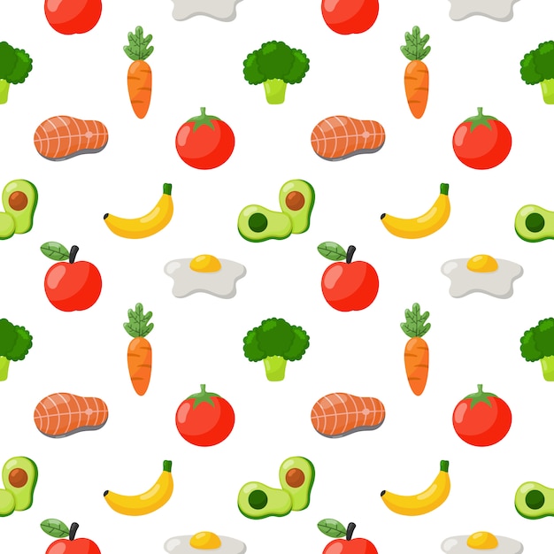 Seamless pattern grocery food icons isolated on white background.