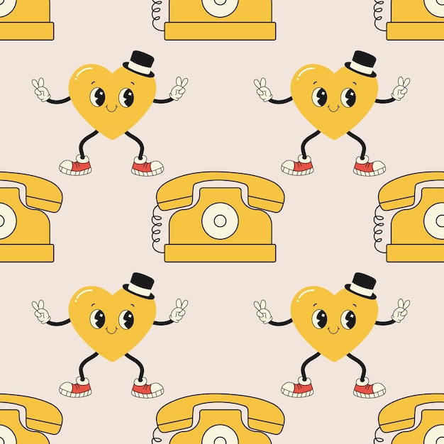 Seamless pattern groovy old fashioned phone Vector illustration