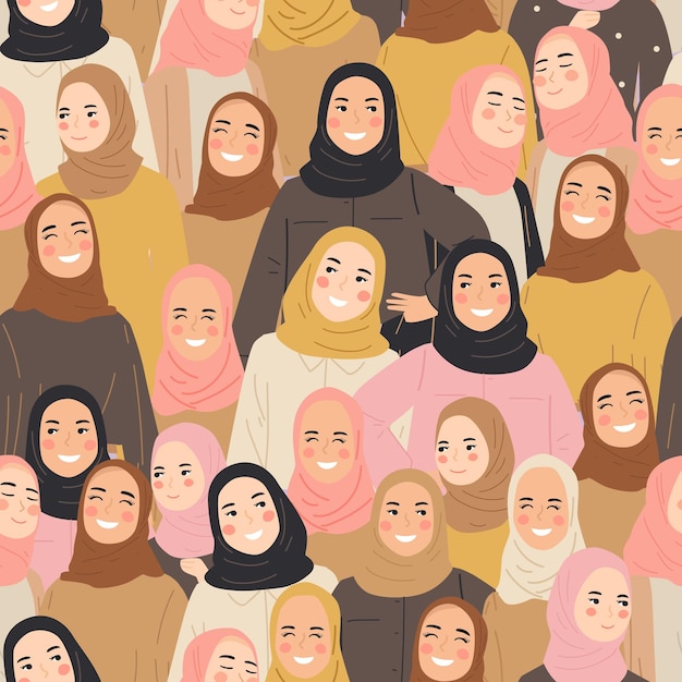 トレンディで控えめな衣装で人々を群集するヒジャーブの女の子のイスラム教徒のキャラクターのシームレスなパターングループ