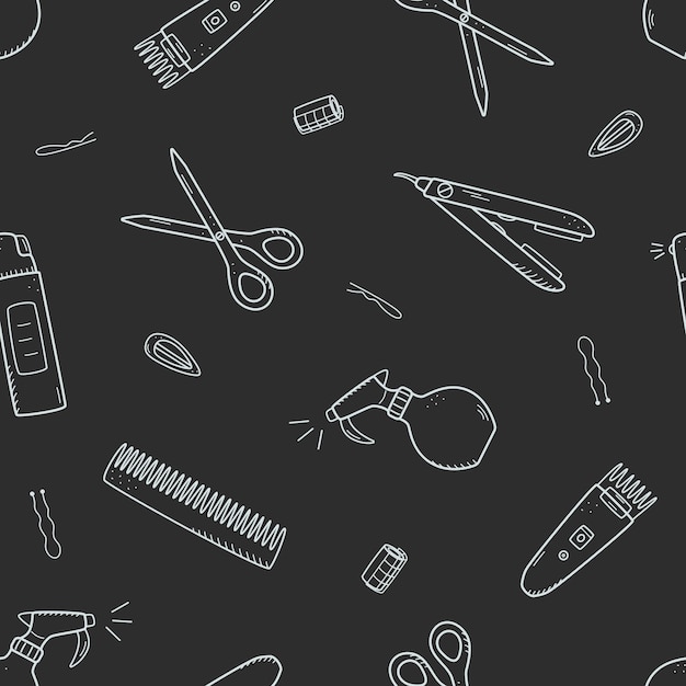 Seamless pattern of hairdressing elements Vector illustration of doodle icons background wallpaper The concept of a hairdressing salon and a beauty salon