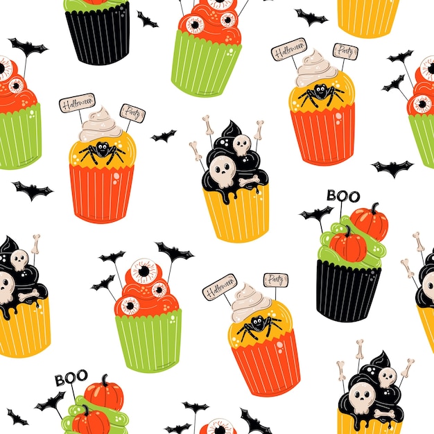 Seamless pattern of halloween cupcakes on white background. happy halloween, scary sweets.
