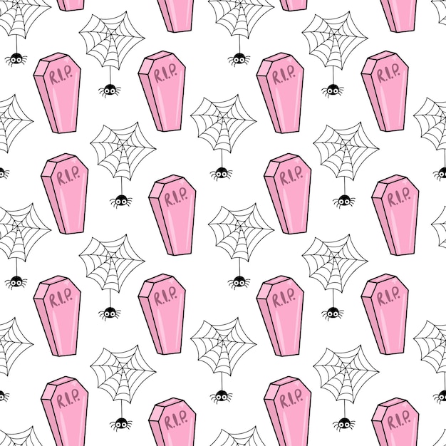 Vector seamless pattern for halloween cute background with pink coffins and spiders