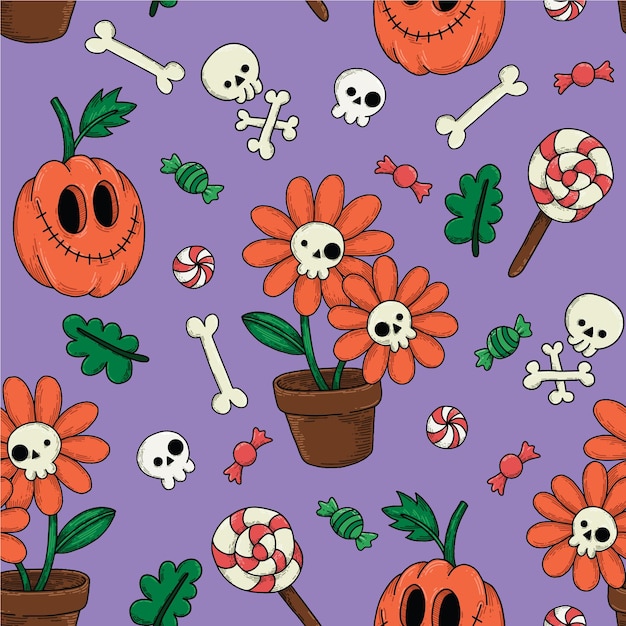 seamless pattern for halloween. cute characters, ghosts, pumpkins, skeletons on a blue background.