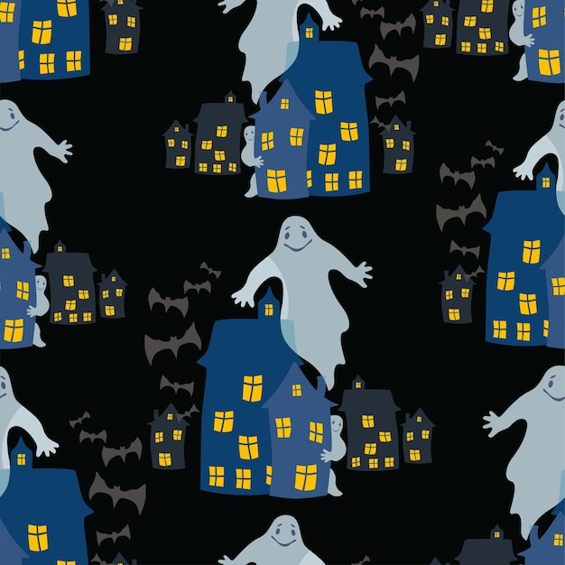 Бесшовный рисунок призраков и летучих мышей Хэллоуина в ночном городе