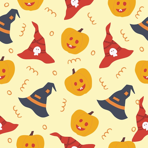 Seamless pattern for halloween holiday with cute cartoon pumpkin and hat.