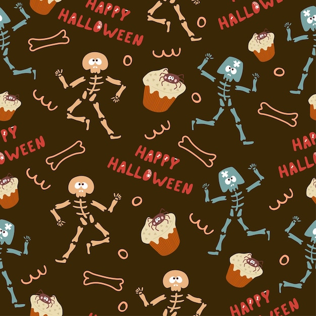 Бесшовный узор для праздника Хэллоуин с милым скелетом и костями.