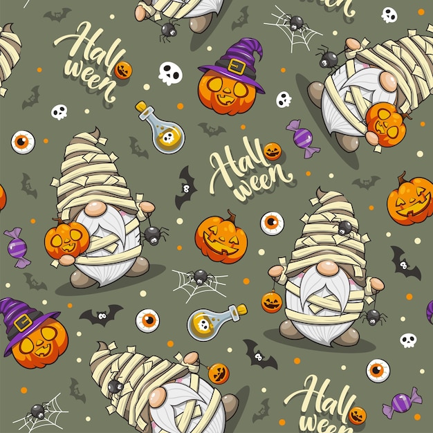 Seamless pattern halloween mummy gnome, cute cartoon illustration