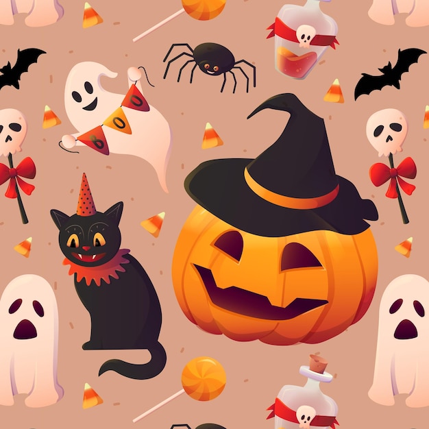 Seamless pattern for halloween Pumpkin cat and ghosts Vector image