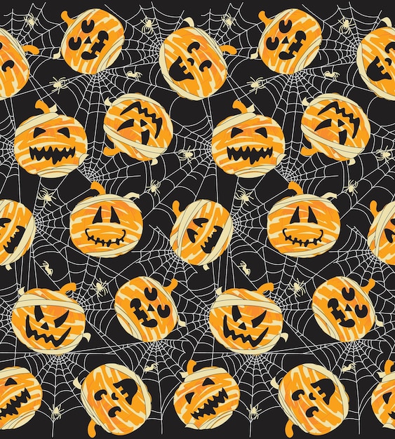 Vector seamless pattern of halloween pumpkin mummy with spider web halloween vector illustration