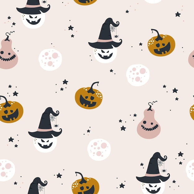 Vector seamless pattern for halloween. scary background with monsters, pumpkins and inscriptions.