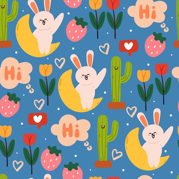 Seamless pattern hand drawing bunny and plant cute wallpaper for fabric print textile