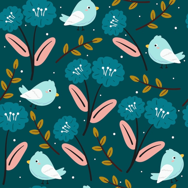Seamless pattern hand drawing cartoon bird and flower animal drawing for fabric print textile