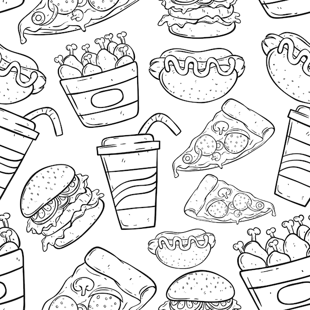 Seamless pattern hand drawing fast food on white background