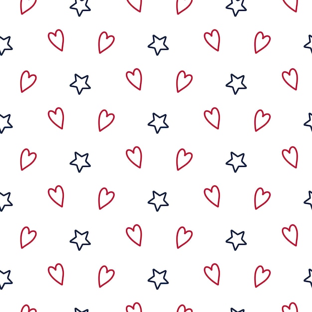 Vector seamless pattern of hand drawn 4th of july doodle stars and hearts in red white and blue