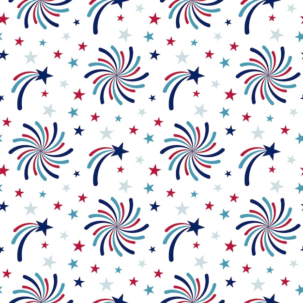 Seamless pattern of hand drawn 4th of july stars and fireworks on isolated background