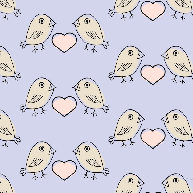 seamless pattern hand drawn abstract birds and pink hearts on a blue background