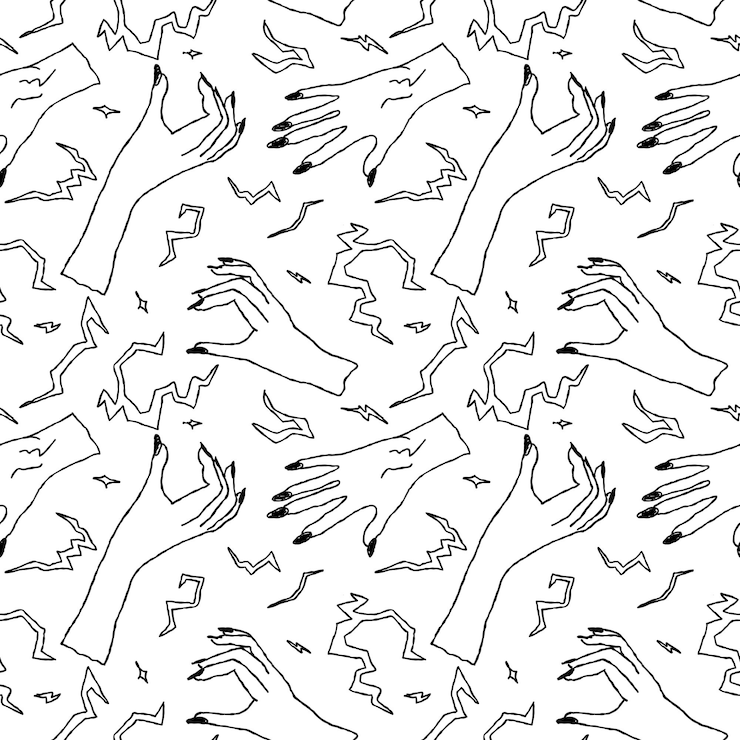 Vector seamless pattern of hand drawn abstract wizard hands with minimalist black line art design