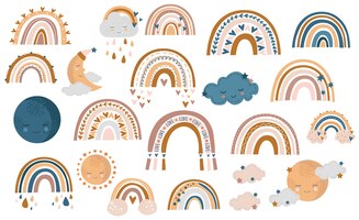 Seamless pattern of hand drawn autumn rainbow, clouds and raindrops in honey, yellow and brown colors on white background