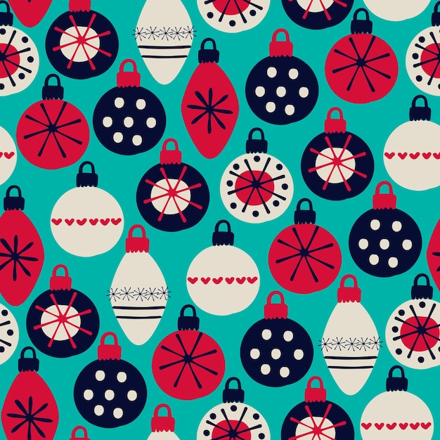 Seamless pattern Hand drawn baubles decorated with patterns in Scandinavian style on light blue background Christmas New Year winter holidays concept For wrapping paper other design projects