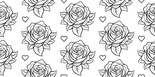 Vector seamless pattern hand drawn black roses on white