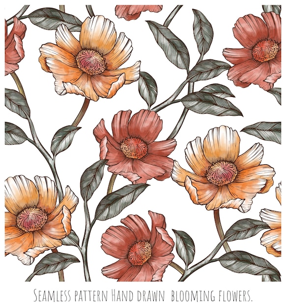 Seamless pattern Hand drawn blooming flowers