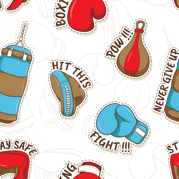 Seamless pattern of hand drawn boxing equipment stickers