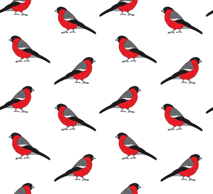 Vector seamless pattern of hand drawn bullfinch