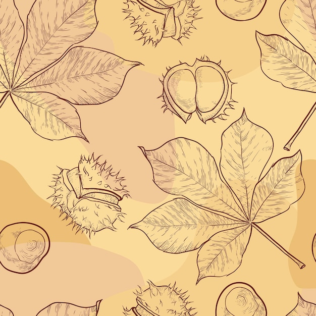 Seamless pattern of hand drawn chestnuts and leaves