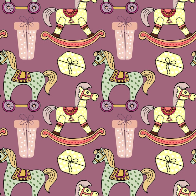 Seamless pattern, hand drawn children's toys horses and gifts boxes. Print, textile, vector