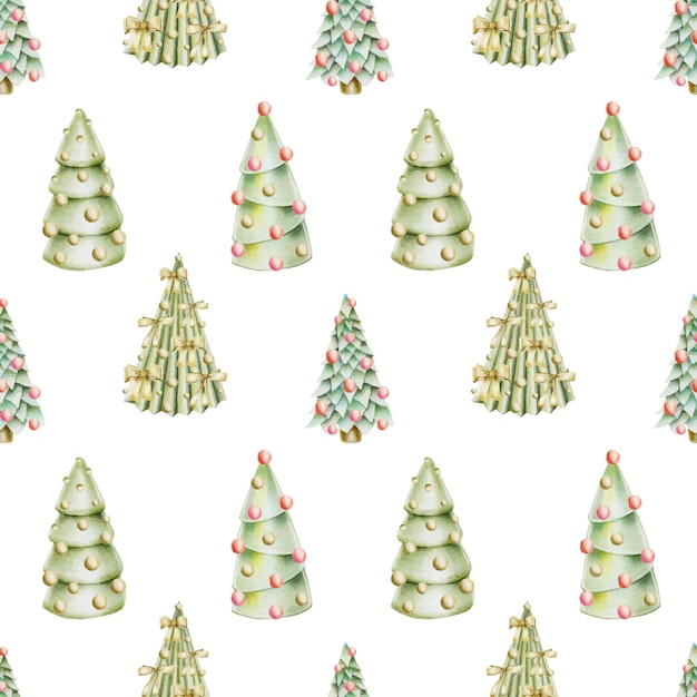 Seamless pattern of hand drawn christmas trees with decorations